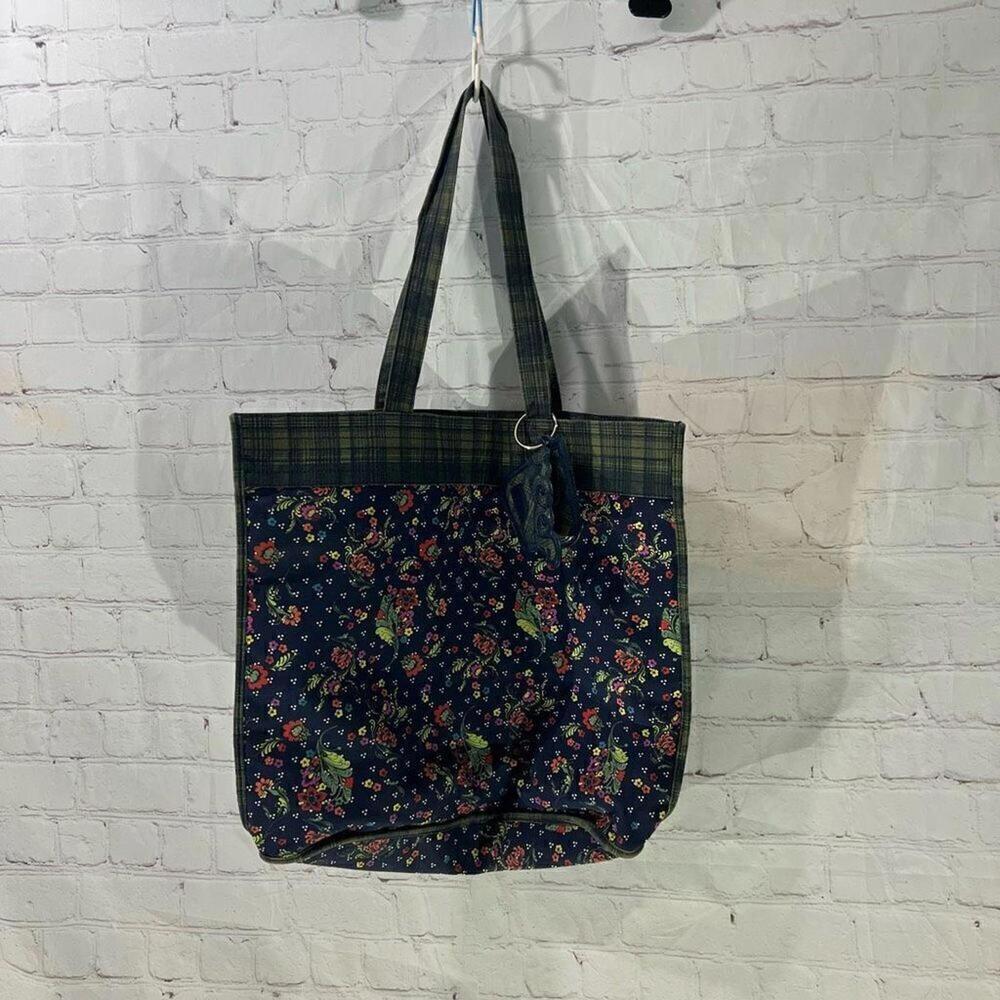 Reef Floral Patterned Tote Bag with Plaid Trim